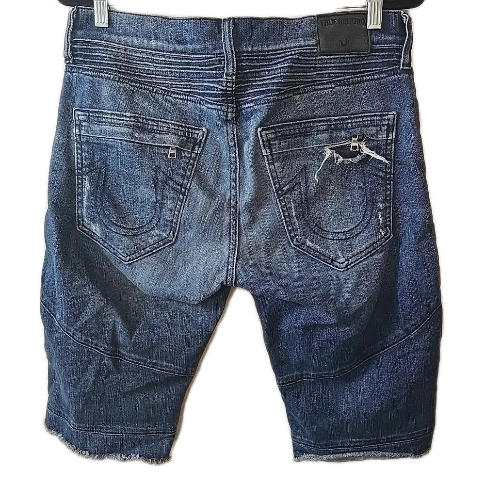 True Religion Geno Relaxed Slim‎ Moto Mens Distressed Blue Jean Shorts Size 32